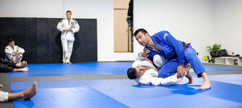 People practicing brazilian jiu-jitsu in a gym.