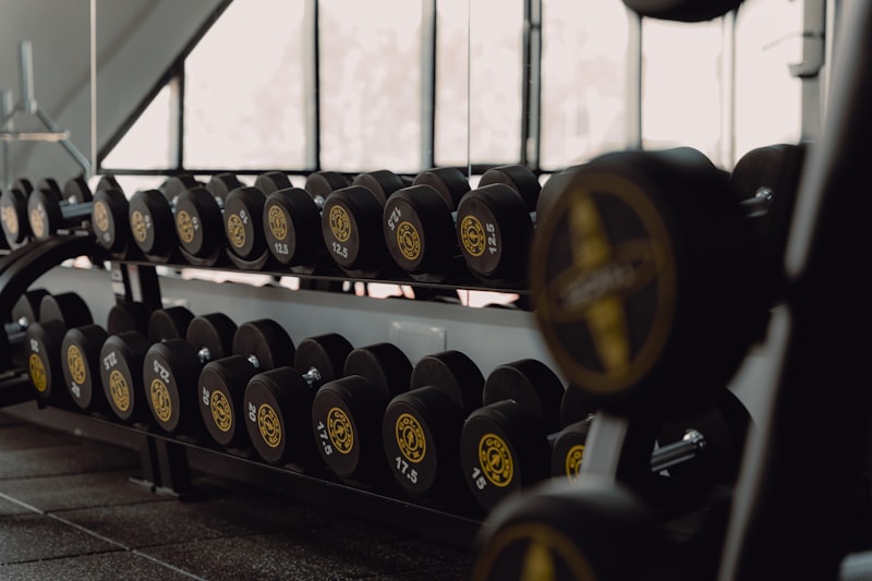 A row of dumbbells in a gym