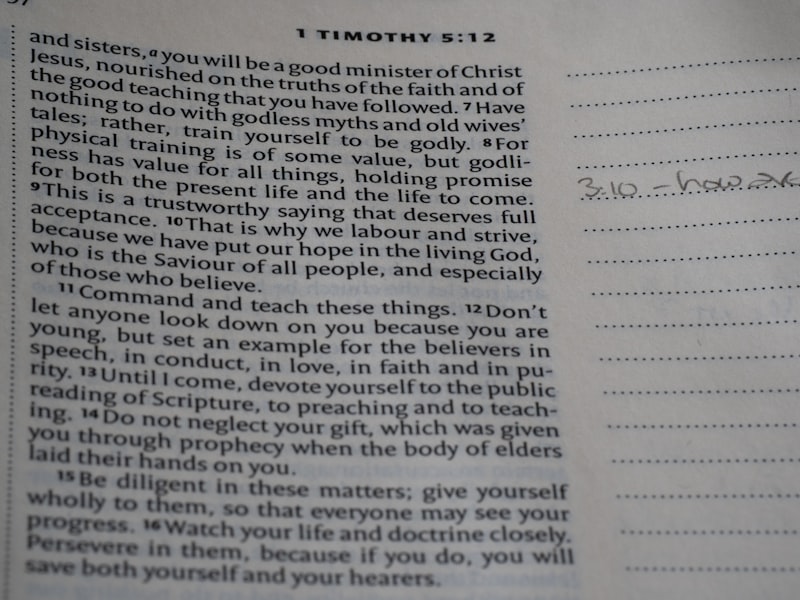 A passage from the bible, 1 timothy, with notes.