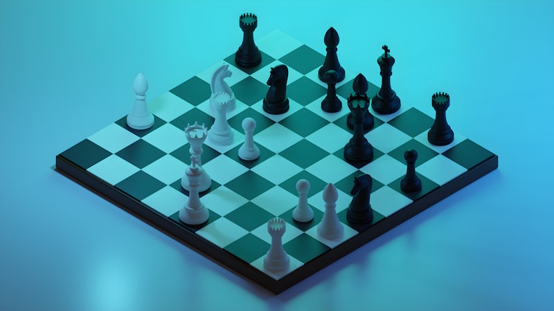a black and white chess set on a blue background